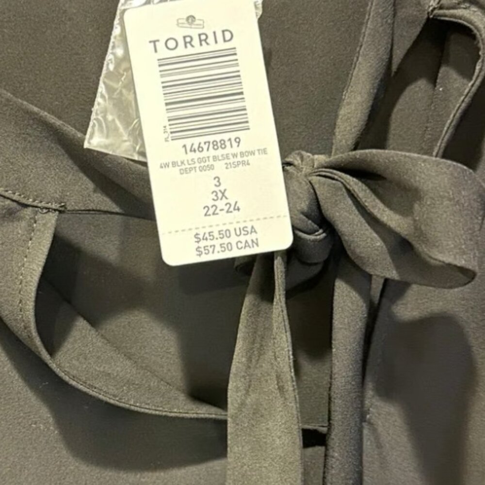 Torrid Black Georgette Bow Tie Blouse Long Sleeve Smocked Cuff Top 3X - Picture 8 of 9